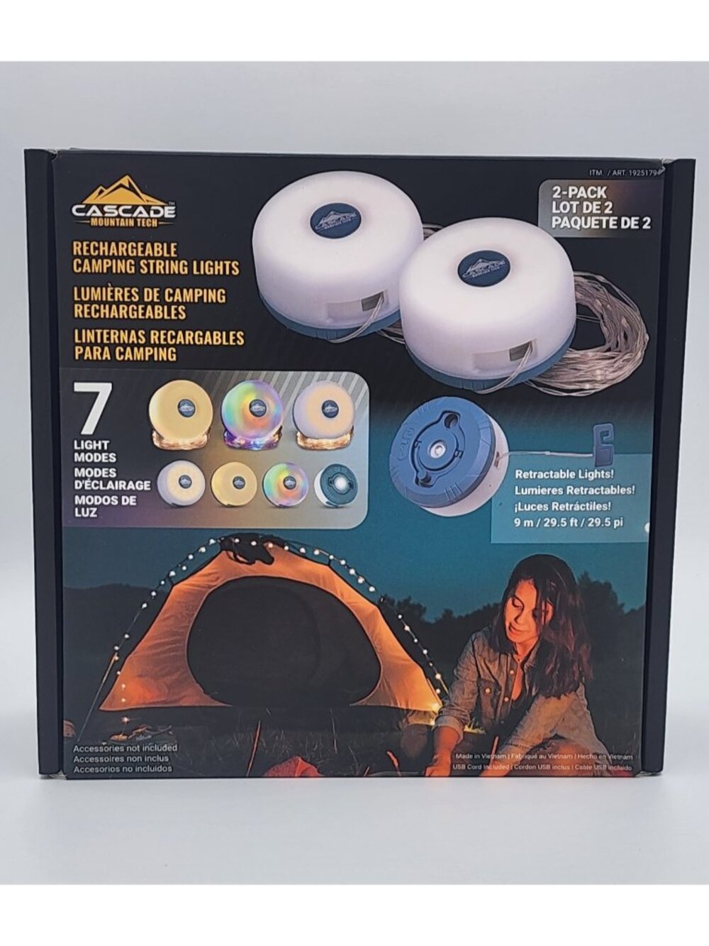 Cascade Rechargable Retractable Camping Lights  7 light modes 2 pack